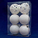 Набір ялинкових іграшок - кулі, 6 шт, D6 см, білий, 2 матовий, 2 глянець, 2 гліттер, пластик (251734-1), фото 5