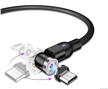 Зарядний магнітний кабель Magnetic Cable 540° Micro-USB <unk> Type-C <unk> Lightning, 1 м, чорний (KG-3093)