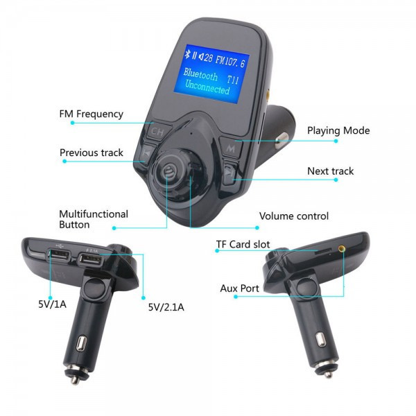 FM-Modulator Для Автомобіля T11 Bluetooth, MP3, USB, AUX, Мікрофон, Компактні Габарити