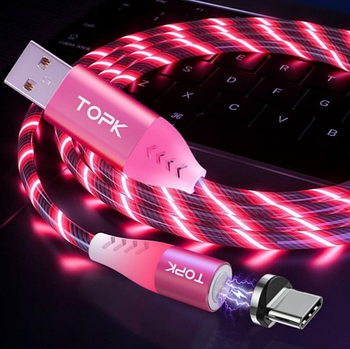 Світний магнітний кабель синхронізації Topk USB Type-C 1 m 3 A 360° рожевий (KG-3102)