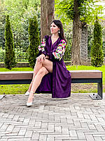 Бархатное платье на шелковой подкладке, эксклюзивная вышиванка платье виноградного цвета