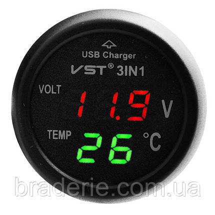 Термометр-вольтметр VST 708, червоний/зел. цифри+ USB, фото 1