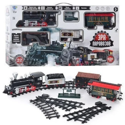 Дитяча іграшкова залізниця Ера паровозів Limo Toy 650 см Звукові та світлові ефекти ЖД з поїздом