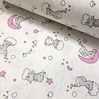 Фланелевая ткань слоники с розовыми месяцами и облаками на белом. (шир. 2,4 м) (FL-DS-0063)
