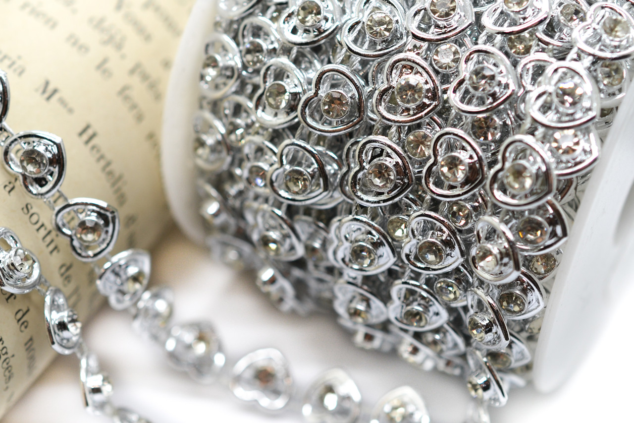 Напівнамистини на нитці Серця зі стразами 8 мм 1 м Срібло Silver_АА063, фото 1