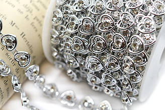 Напівнамистини на нитці Серця зі стразами 8 мм 1 м Срібло Silver_АА063