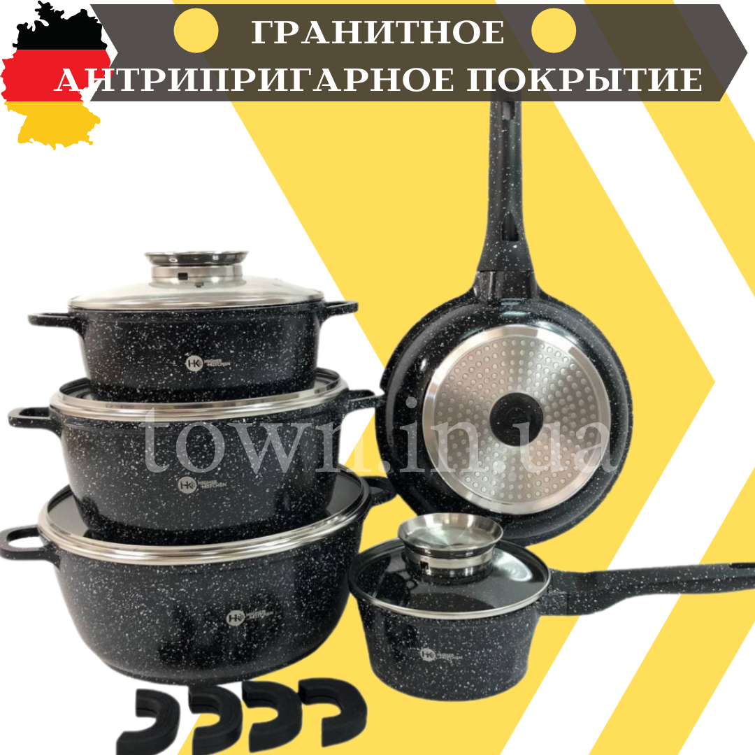 Набір каструль із гранітним антипригарним покриттям Higher Kitchen HK-305, Набір кухонного посуду зі сковородою