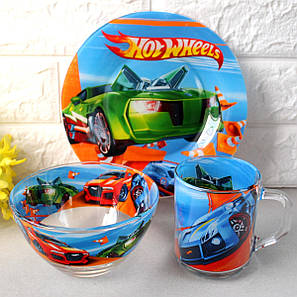 Набір дитячого скляного посуду для хлопчиків 3 пр Хот Вілс Hot Wheels (9551), фото 1