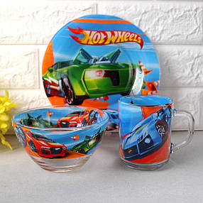Набір дитячого скляного посуду для хлопчиків 3 пр Хот Вілс Hot Wheels (9551), фото 4