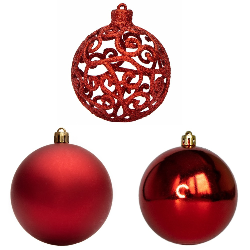 Набір ялинкових куль, 3 шт, D8 см, матовий, глянець, гліттер, червоний, пластик (251666), фото 1