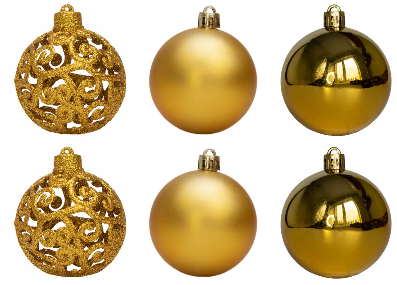 Набір ялинкових куль, 6 шт, D6 см, золотистий, матовий, глянець, гліттер, пластик (251710), фото 1
