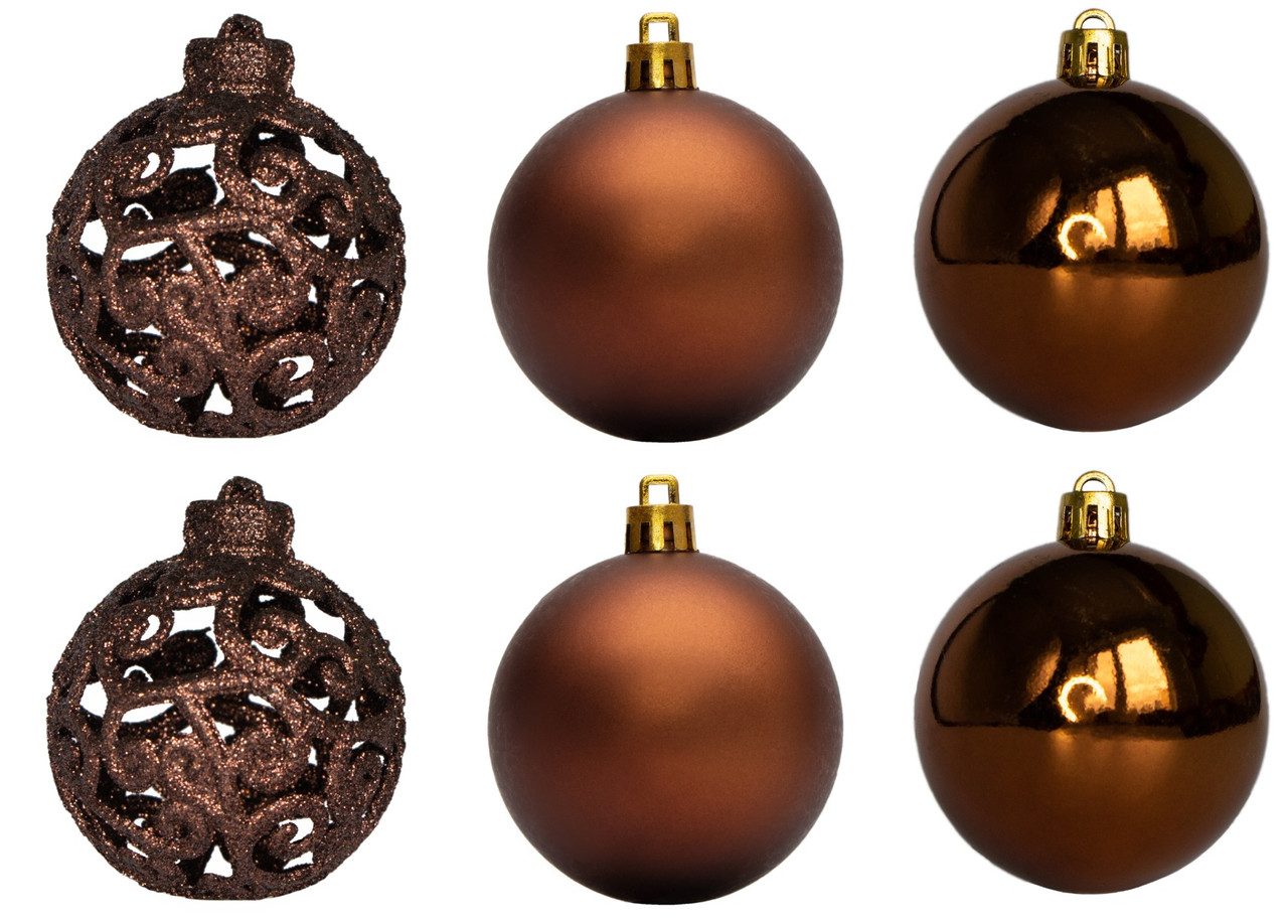 Набір ялинкових куль, 6 шт, D6 см, шоколадний, матовий, глянець, гліттер, пластик (251741), фото 1