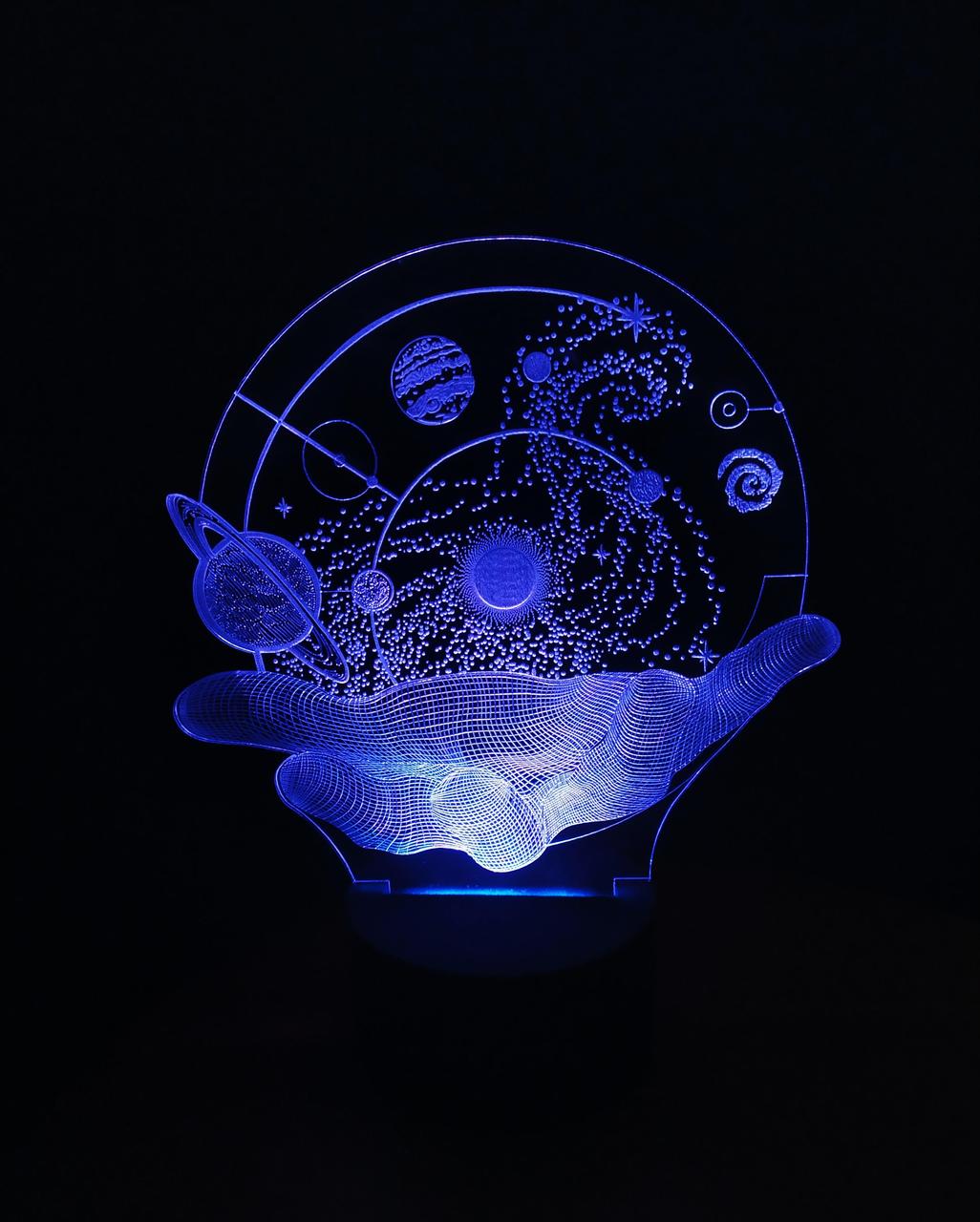 3d-світильник Всесвіт на долонях, 3д-нічник, кілька підсвічувань (батарейка+220В), планети на долонях, фото 1