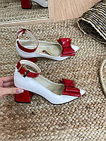 Уникальные женские кожаные туфли красно-белые на каблуке с бантом, натуральная кожа. Яркие красные туфли