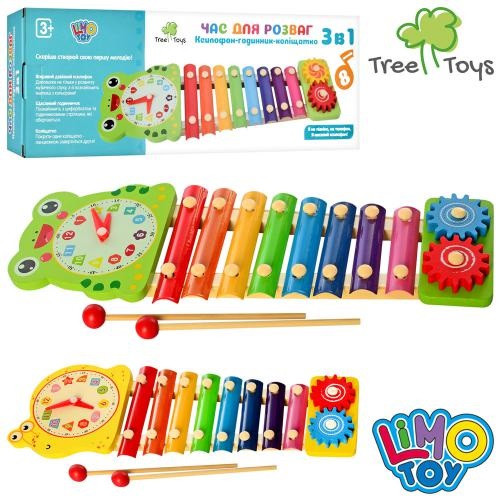 Дерев'яна іграшка ксилофон 8 тонів, годинник, шестерні, палички 2 штуки, коробка 39-13,5-4 см