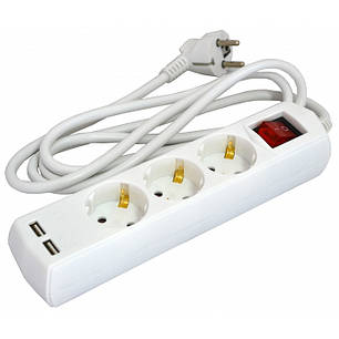 Подовжувач касетний GS3W2MUSB 3 розетки + USB Grunhelm 2 м, фото 1