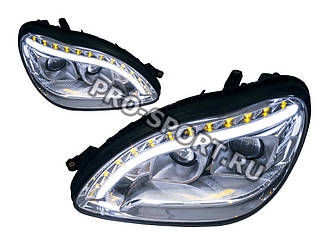 Тюнінг фари Mercedes Benz W220 1998-2005 зі світловими трубками та світлодіодними поворотниками, хром