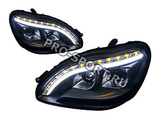 Тюнінг фари Mercedes Benz W220 1998-2005 зі світловими трубками та світлодіодними поворотниками, чорні 