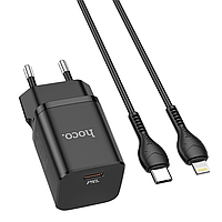 Сетевое зарядное устройство с быстрой зарядкой + кабель Lightning HOCO N19 |Type-C, 25W, 3A, QC/PD| Черный