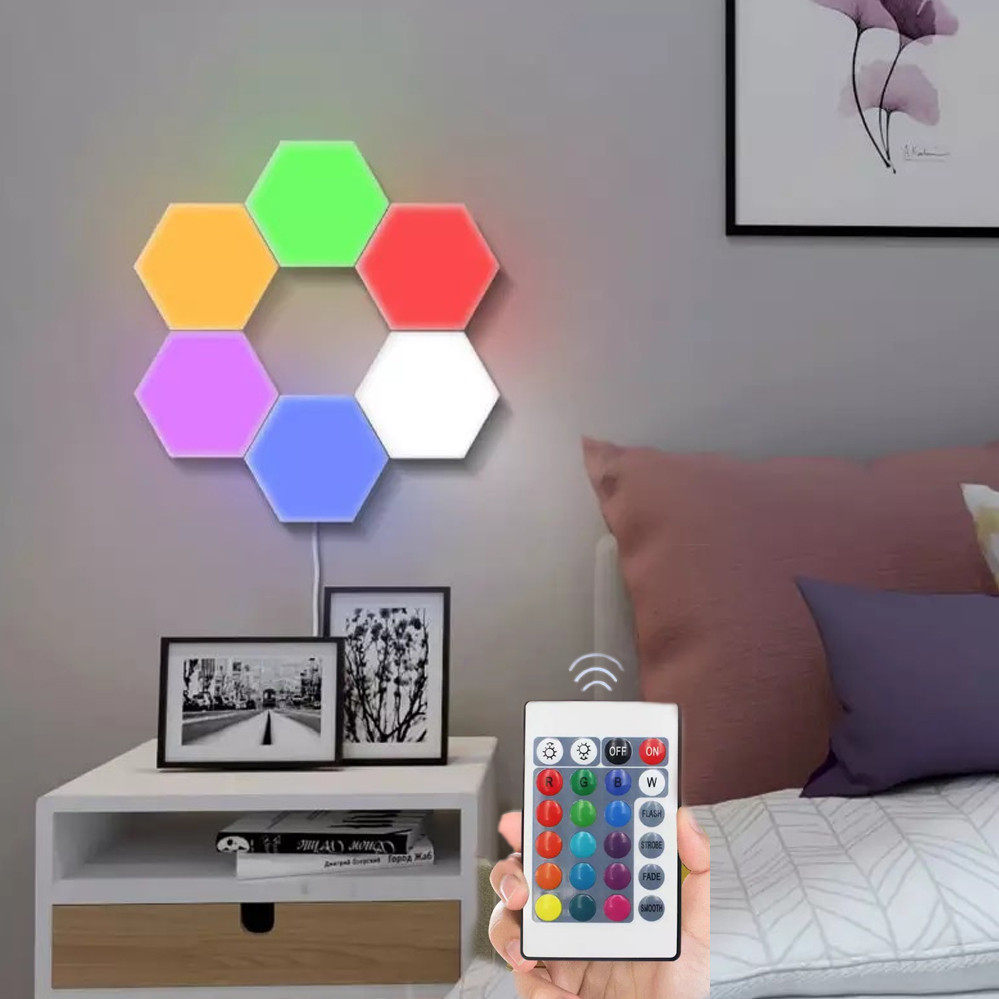 Світильник модульний LED RGB сенсорний шестигранний з пультом складова лампа стільники настінні 6 шт комплект