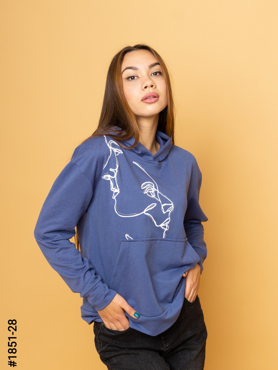 1851-28 Худі жіночі двунитка з принтом норма (3 од: S-M, M-L, L-XL)