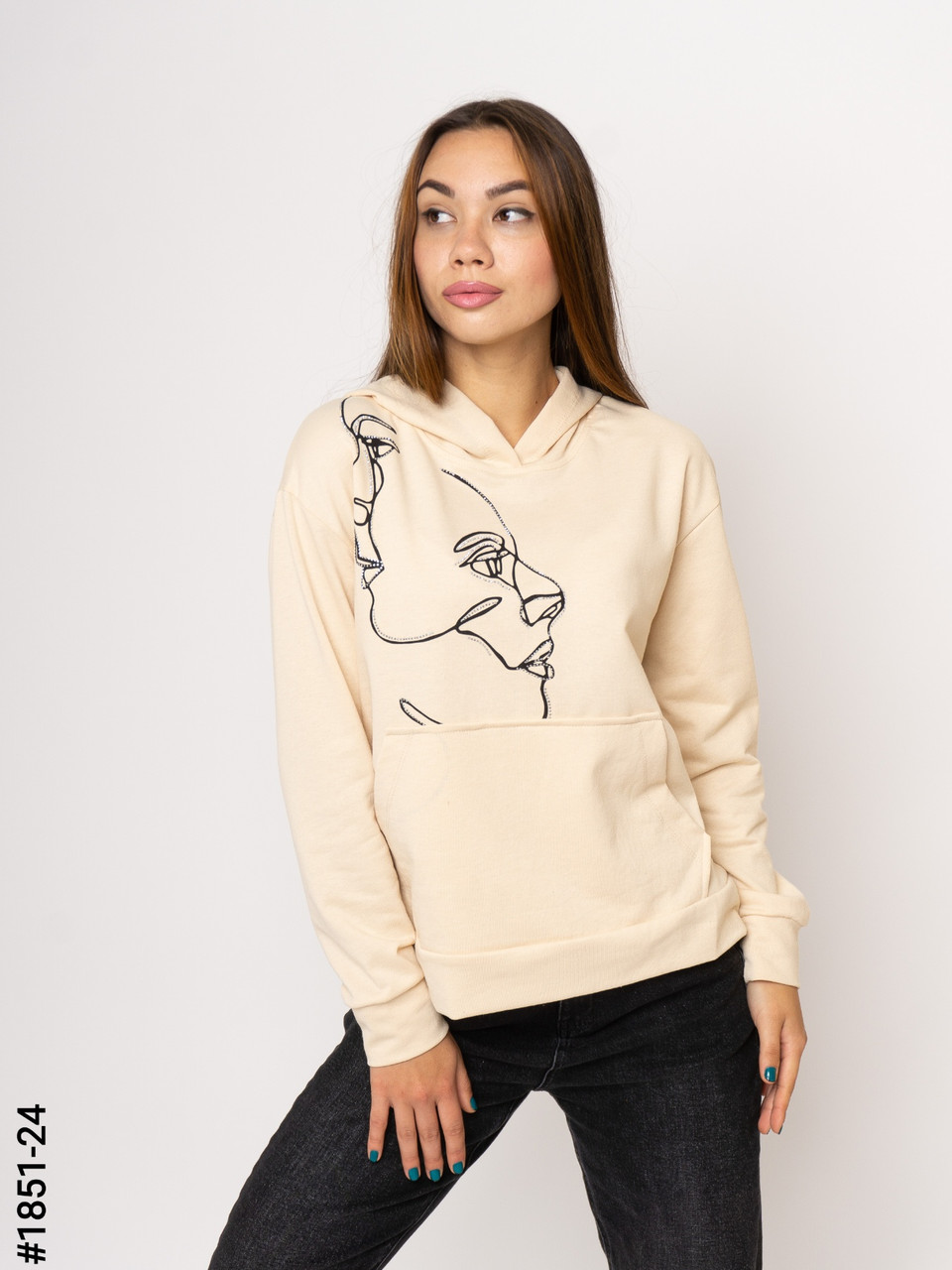 1851-24 Худі жіночі двунитка з принтом норма (3 од: S-M, M-L, L-XL)