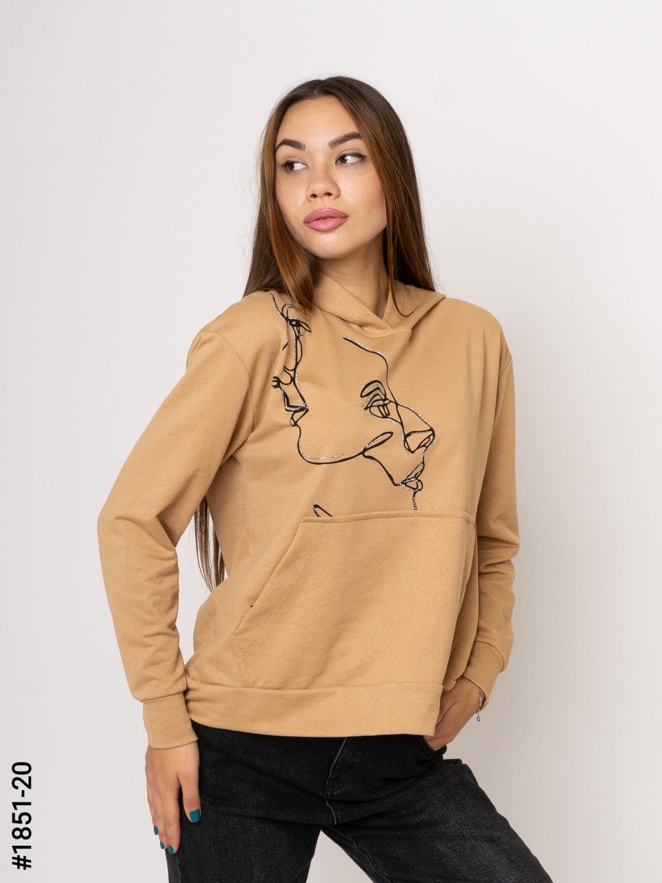 1851-20 Худі жіночі двунитка з принтом норма (3 од: S-M, M-L, L-XL)