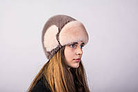 Женская шапка из вязаной норки "Лобик комбинированный" Капучино с пудрой