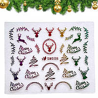 Новогодние 3D стикеры-неклейки для дизайна ногтей на прозрачной основе Merry Christmas, Новогодний олень 008