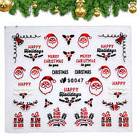 Новогодние 3D стикеры-неклейки для дизайна ногтей на прозрачной основе Happy holidays, Дед Мороз, Подарочки, 047