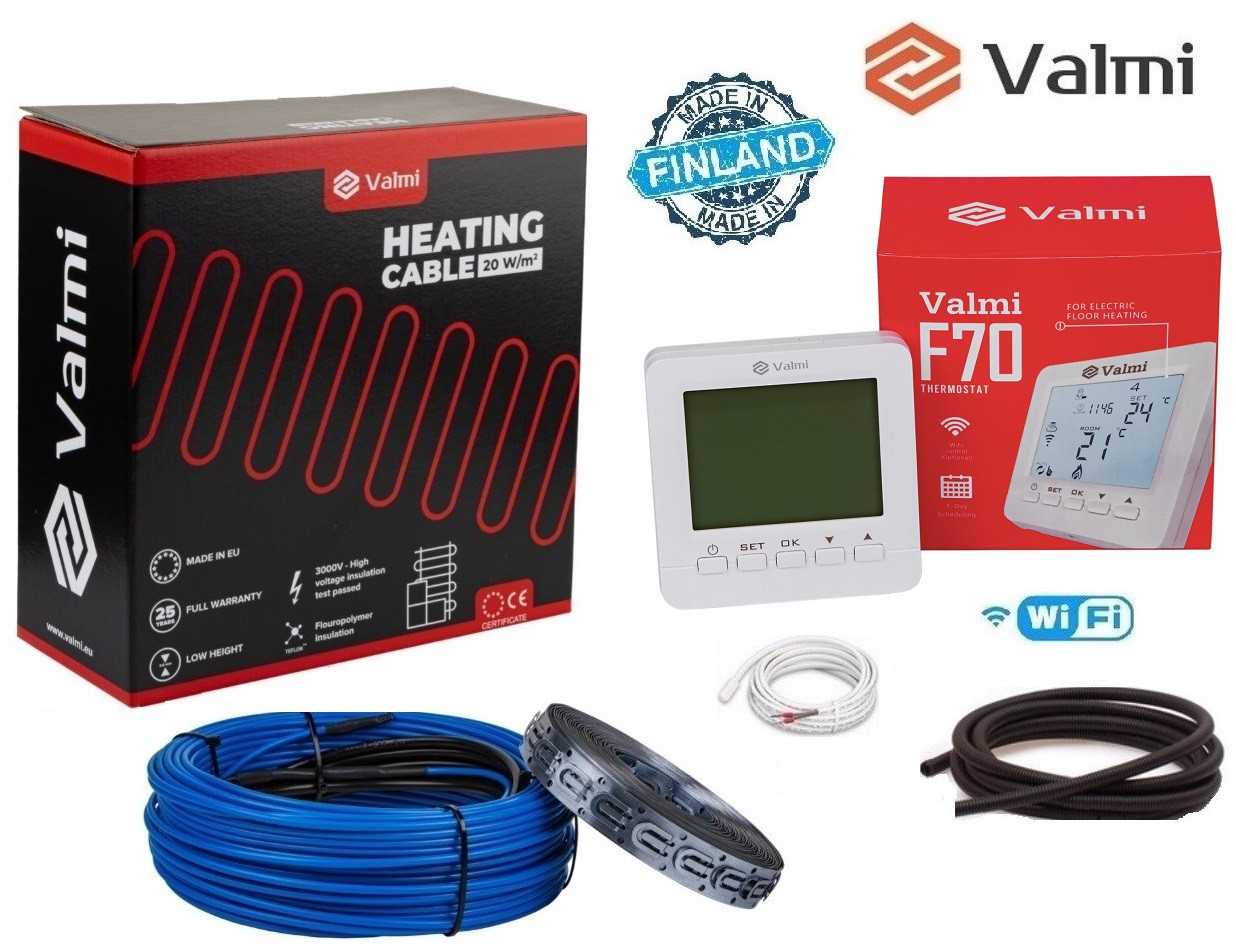 Тепла кабельна підлога Valmi 7-8,8м² /1400Вт(70м) тонкий нагрівальний кабель під плитку з терморегулятором F70 Wi-fi