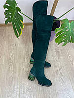 Женские сапоги ботфорты натуральные замшевые с кожей под питон, зеленые. Сапоги высокие демисезонные
