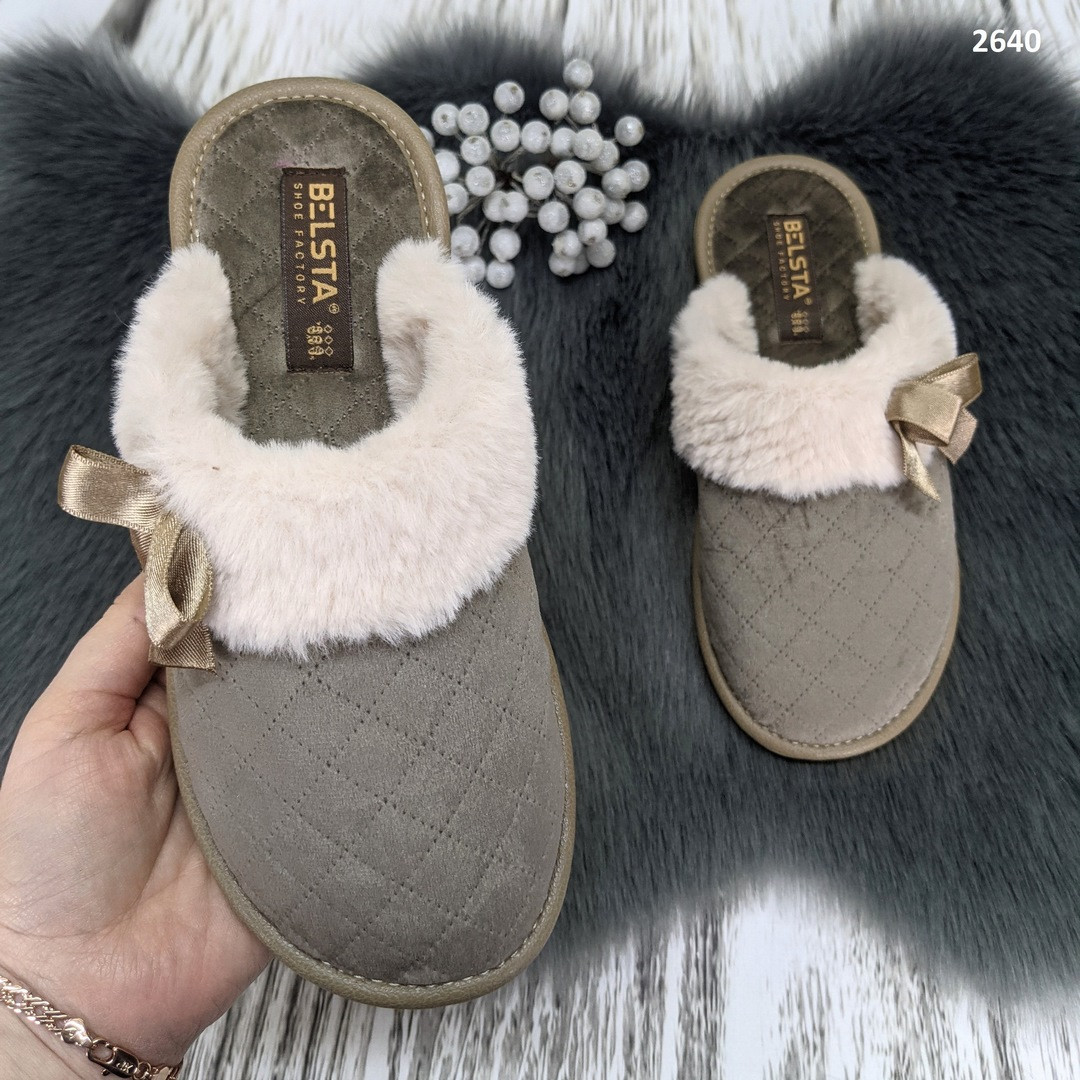 Тапочки домашні жіночі Белста кавового кольору з хутряною опушкою, фото 1