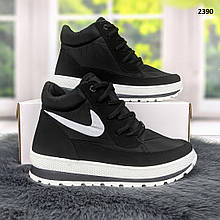 Черевики жіночі зимові дутіки на шнурках чорні на білій підошві на хутрі