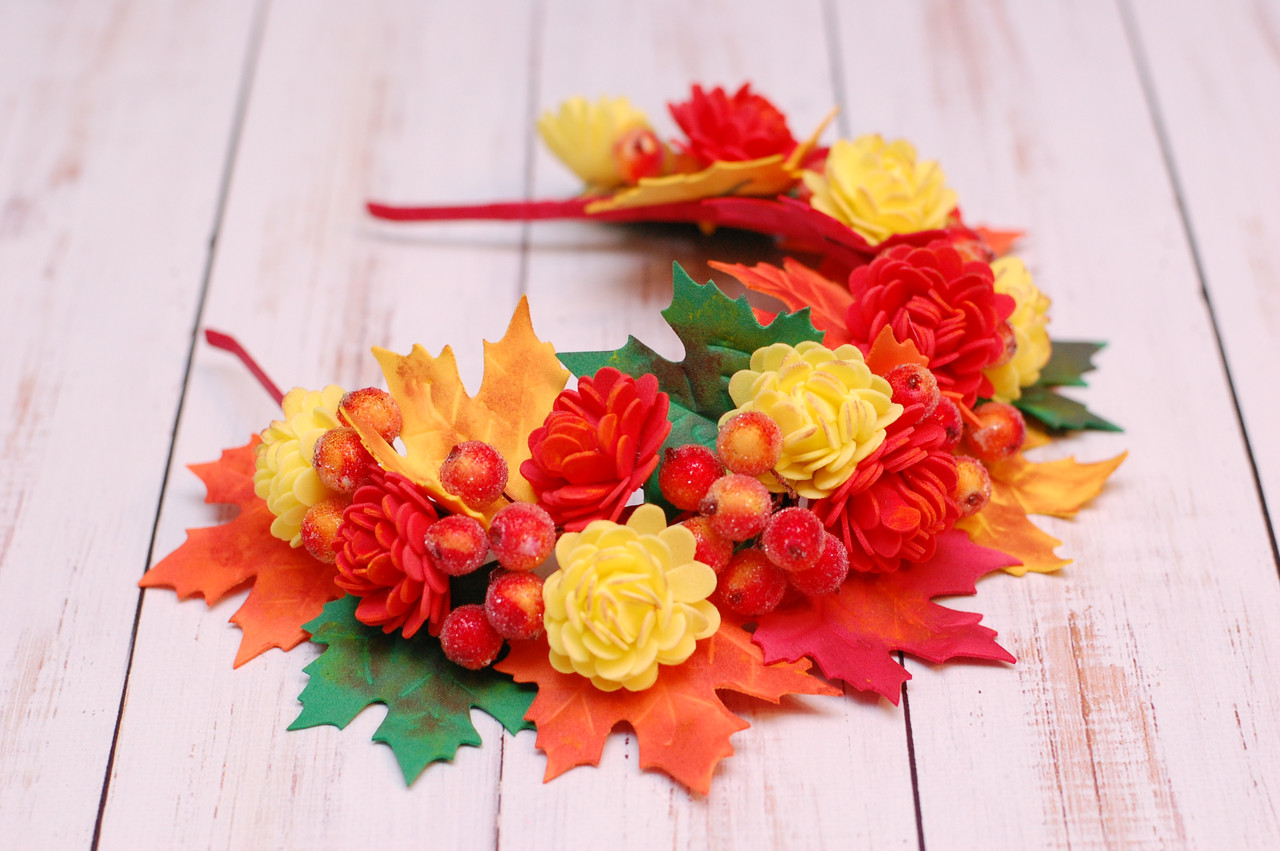 Осінній обруч / ободок для волосся з осіннім листям, квітами і ягодами 481, фото 1