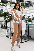 Теплый прогулочный двухцветный женский костюм ( кофта + штаны с карманами ) терракотовый