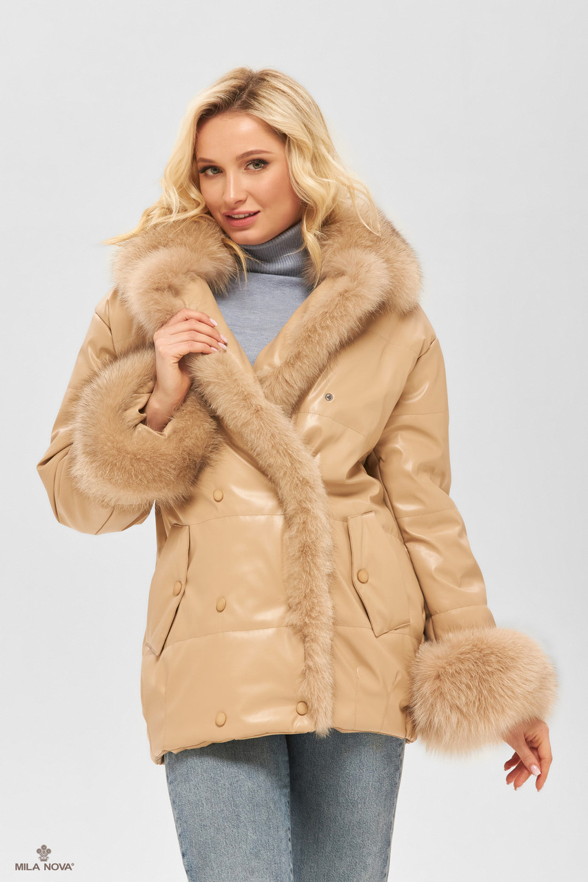 Модна тепла жіноча зимова куртка з еко-шкіри з хутром