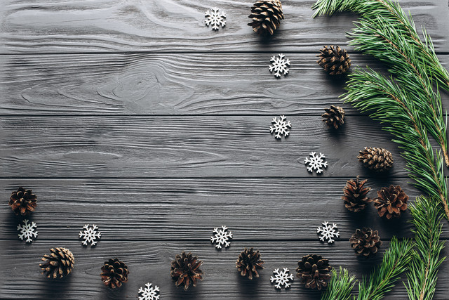 Фотофон дерев'яний з ялинковими гілками і шишками, холодні сірі тони, 90×60 см, №56009, фото 1