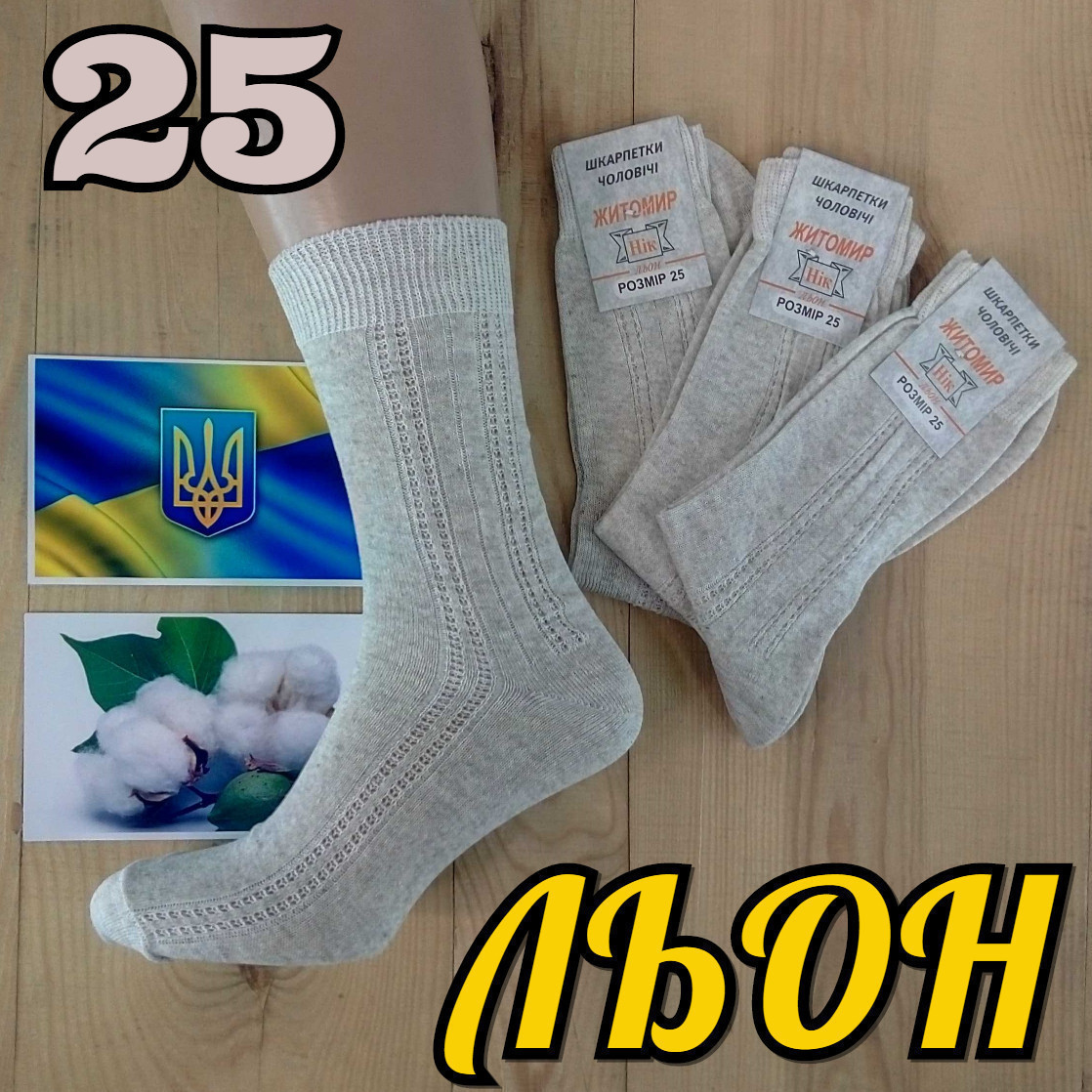 Чоловічі шкарпетки літні із сіткою збоку Житомир 100% льон 25 розмір НМЛ-06386