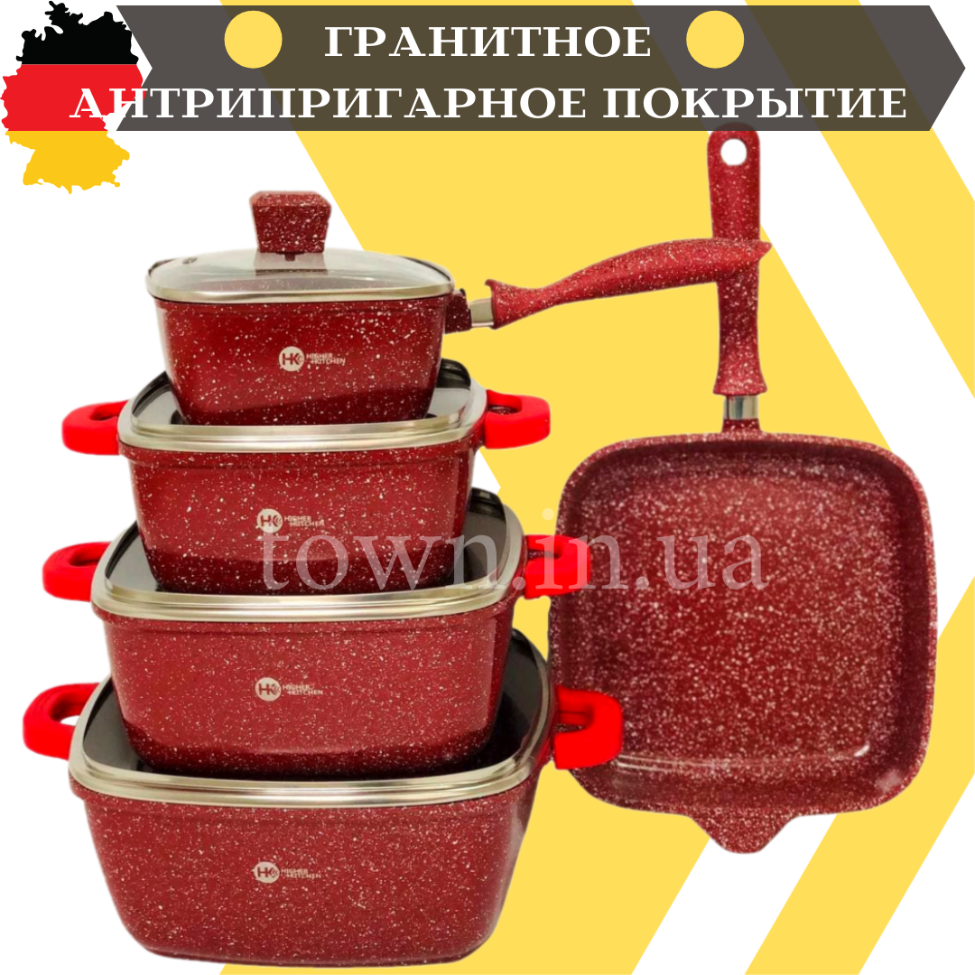 Набір посуду з гранітним антипригарним покриттям Higher Kitchen HK-308, каструлі з кришками, набір каструль, фото 1