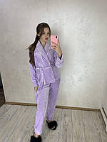 Женская пижама велюр плюш жакет с поясом и штанами Костюм для дома и отдыха L Лаванда