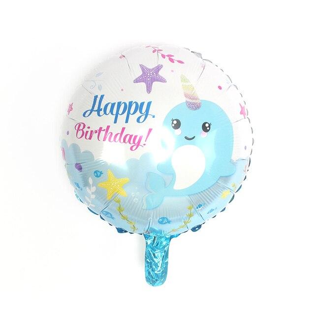 Фольгована кулька круг "Happy Birthday нарвал" блакитна 18"(45см) 1шт.