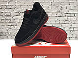 Зимові замшеві чоловічі кросівки з хутром Nike Air Force низькі "Чорні з червоною підошвою" р 41-45, фото 7