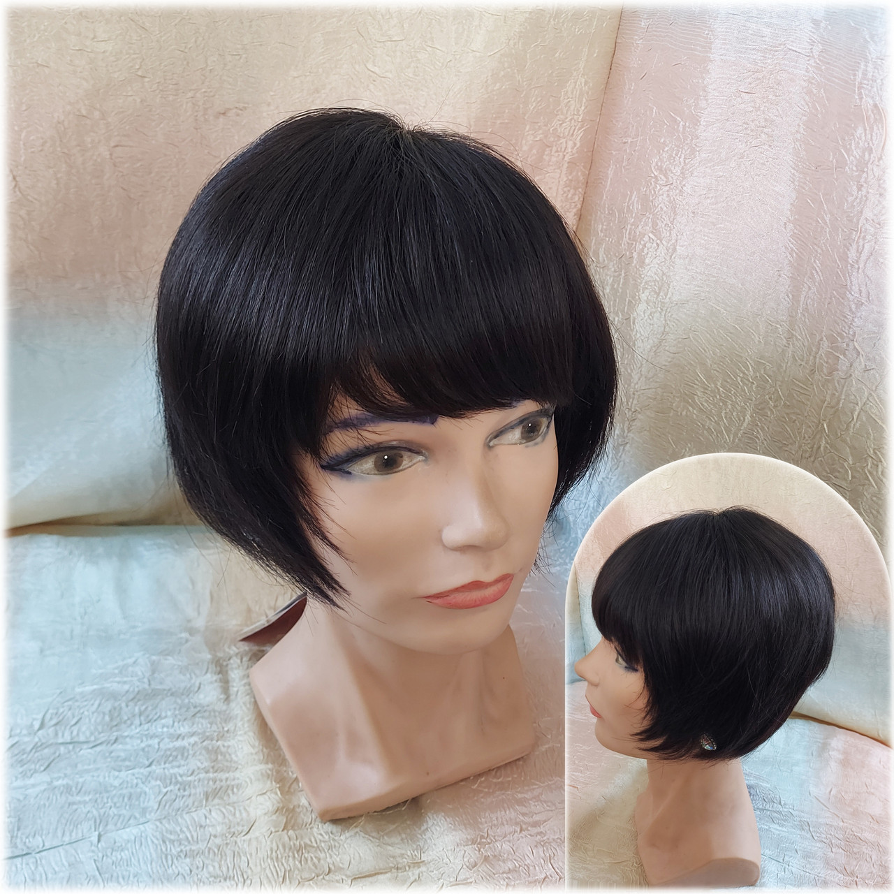 Перуки з натуральних волосся боб-каре чорний кава 1727HH - 2, фото 1