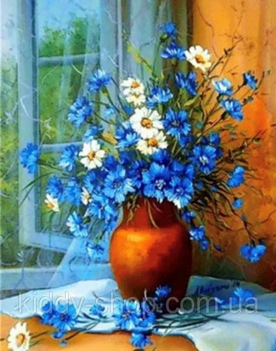 Алмазна вишивка. Картина на підрамнику "Волошки та ромашки" , розмір 40х50, фото 1