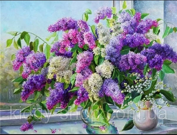 Алмазна вишивка. Картина на підрамнику "Бузок і конвалії" , розмір 40х50, фото 1