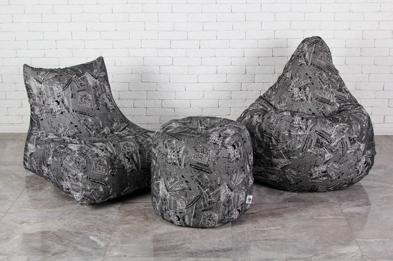 Сірий набір м'яких меблів (крісло груша, диван, пуф XL) джинс роріжка