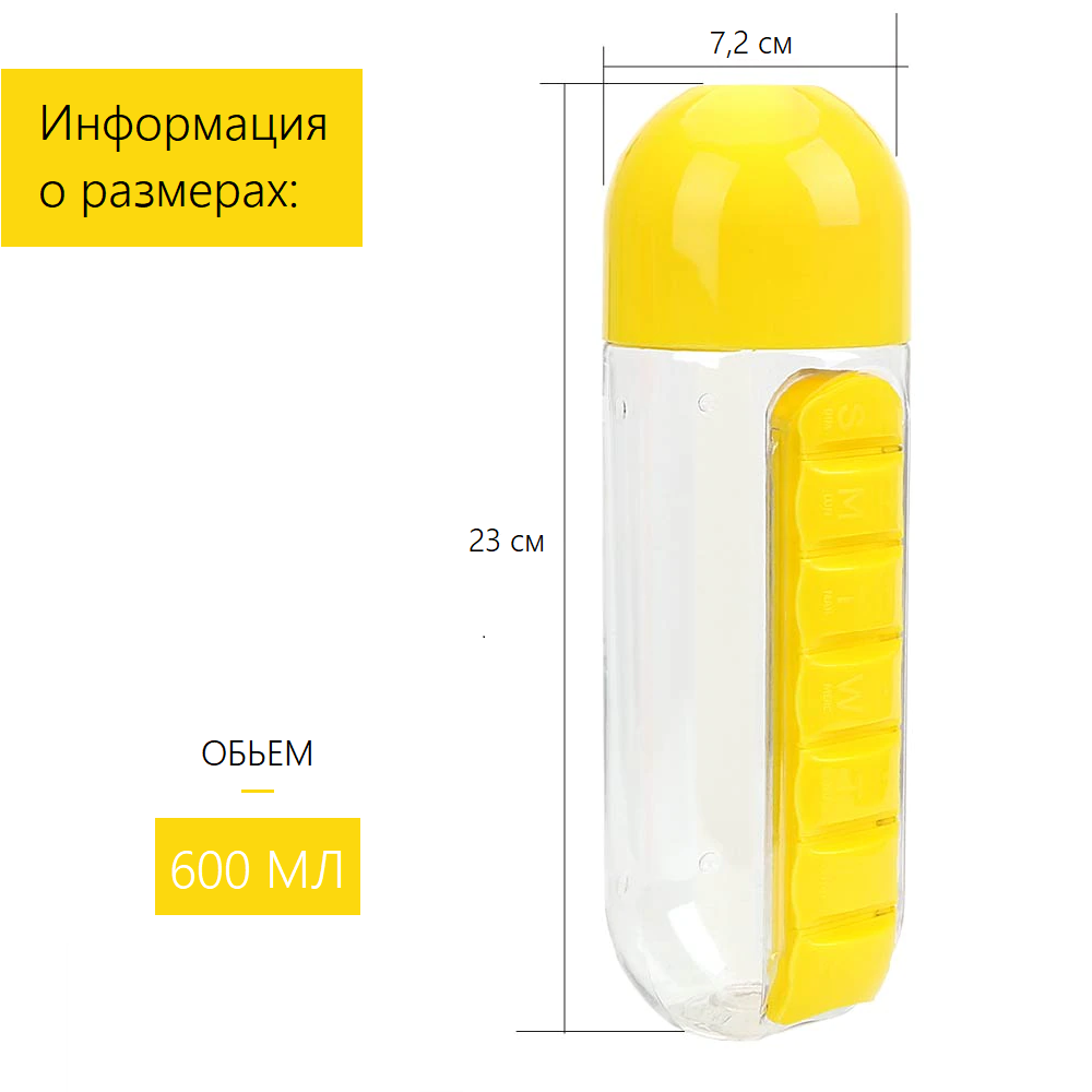 Бутылка для воды со съемной таблетницей, порциями на 7 дней и шрифтом Брайля Pill Vitamin Water Bottle, желтая - фото 8 - id-p1487317073