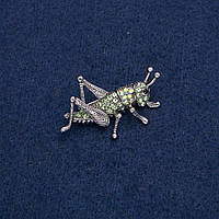 Брошка Кузнечик сріблястий метал з чорною, зеленими і бензин стразами 44х27мм + - купити біжутерію дешево оптом в інтернеті