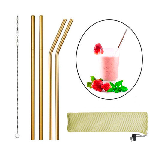 Набір соломинок металевих 4шт, еко трубочки для напоїв, золото, фото 1